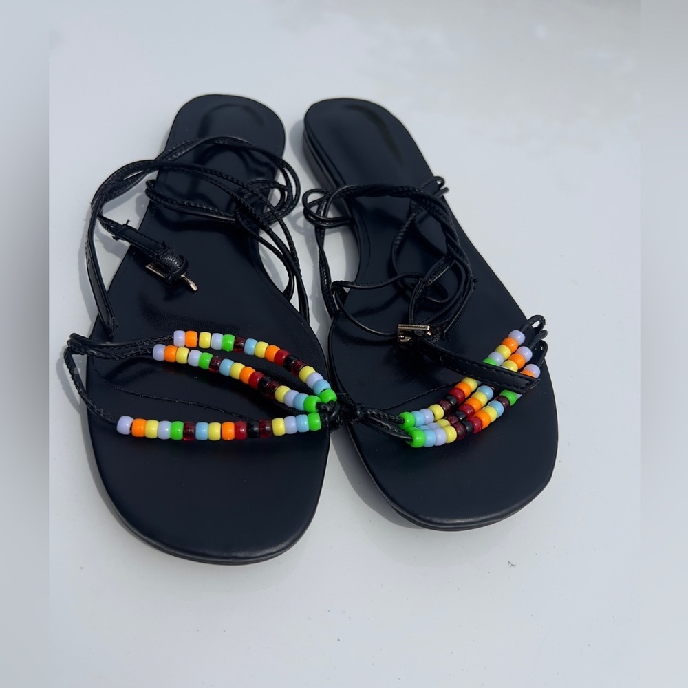 Black Strappy Sandals with Multicolor Beaded Toe Detail - Picture 2 of 6